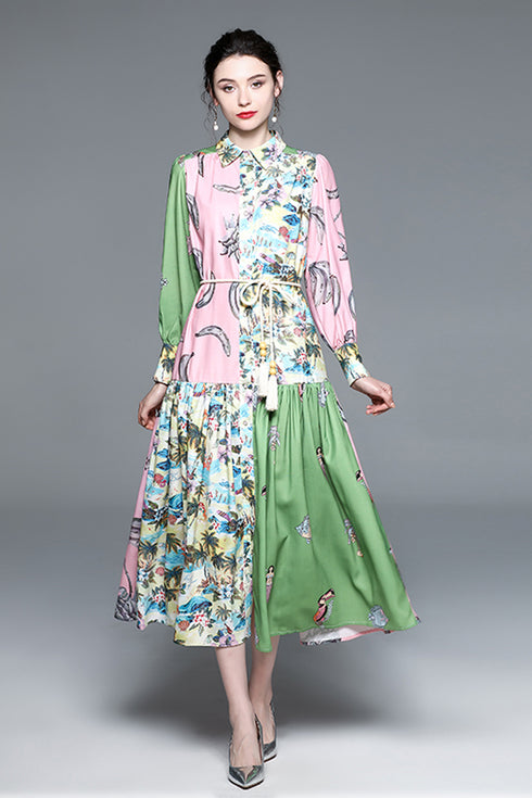 Designer Fall Enchanting Two-Toned Floral Printed Collared, Lantern Sleeve, Belted Chic Holiday, Party Stunning Maxi Long Dress For Women